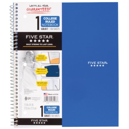 Five Star Wirebound College Ruled 1-Subject Notebook (Assorted, 8-1/2" x 11", 100 Sheets, 1/Pack) - 06206