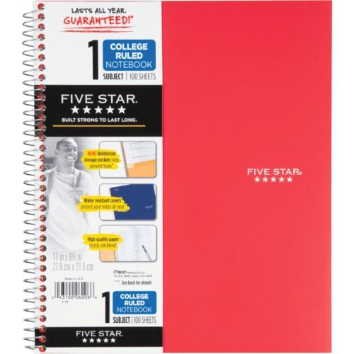 Five Star Wirebound College Ruled 1-Subject Notebook (Assorted, 8-1/2" x 11", 100 Sheets, 1/Pack) - 06206