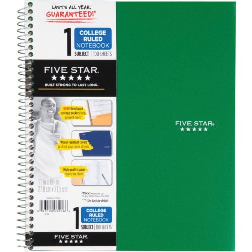 Five Star Wirebound College Ruled 1-Subject Notebook (Assorted, 8-1/2" x 11", 100 Sheets, 1/Pack) - 06206