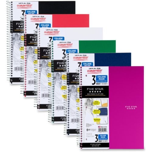 Five Star Wirebound College Ruled 3-Subject Notebook (Assorted , 8-1/2" x 11", 150 Sheets, 1/Pack) - 06210