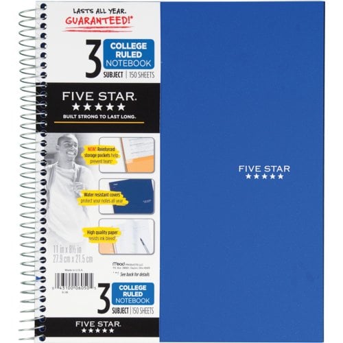 Five Star Wirebound College Ruled 3-Subject Notebook (Assorted , 8-1/2" x 11", 150 Sheets, 1/Pack) - 06210