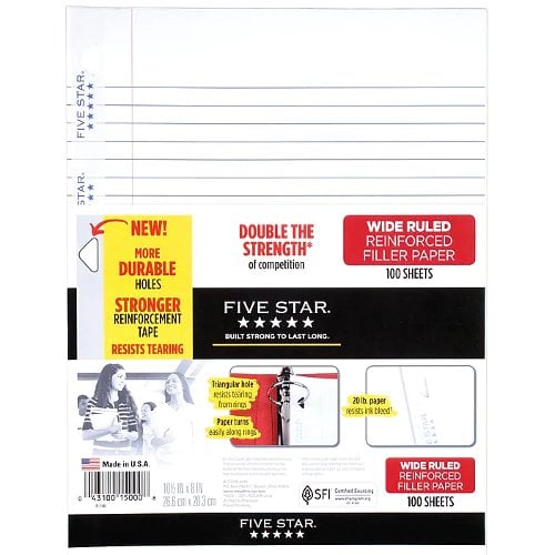 Five Star Reinforced Wide Ruled White Filler Paper (8" x 10-1/2", 3-Hole Punched, 100 Sheets/Pk, 12 Packs) - 15000