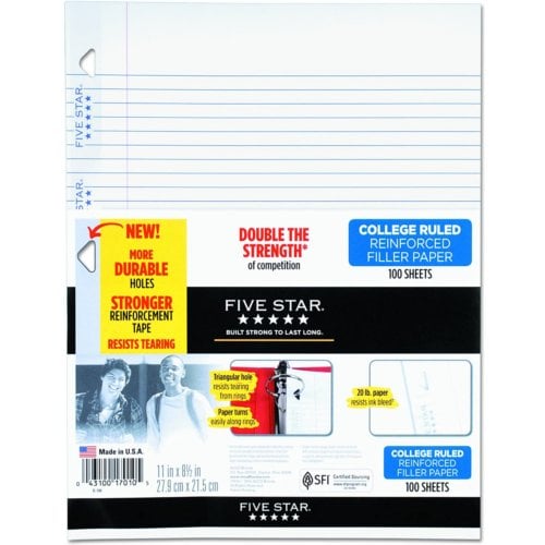 Five Star Reinforced College Ruled Filler Paper (8-1/2" x 11", White, 3-Hole Punched, 100 Sheets/Pk, 12 Packs) - 17010