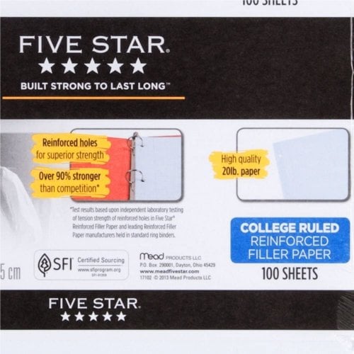Five Star Reinforced College Ruled Filler Paper (8-1/2" x 11", White, 3-Hole Punched, 100 Sheets/Pk, 12 Packs) - 17010