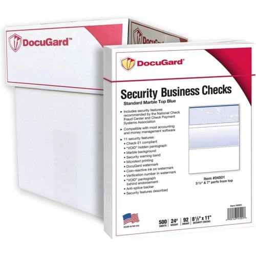 DocuGard Standard Marble Business Checks [11 Features, 8-1/2" x 11", 24# Blue Top, 2500 Sheets/Carton]
