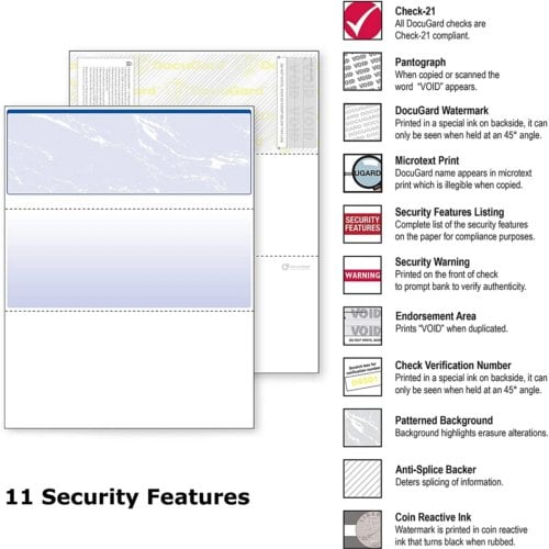 DocuGard Standard Marble Business Checks [11 Features, 8-1/2" x 11", 24# Blue Top, 2500 Sheets/Carton]