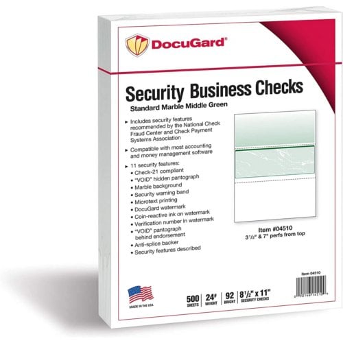 DocuGard Standard Marble Business Checks [11 Features, 8-1/2" x 11", 24# Green Top, 2500 Sheets/Carton]