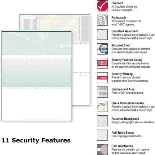 DocuGard Standard Marble Business Checks [11 Features, 8-1/2" x 11", 24# Green Top, 2500 Sheets/Carton]