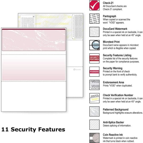 DocuGard Standard Marble Business Checks [11 Features, 8-1/2" x 11", 24# Burgundy Top, 2500 Sheets/Carton]
