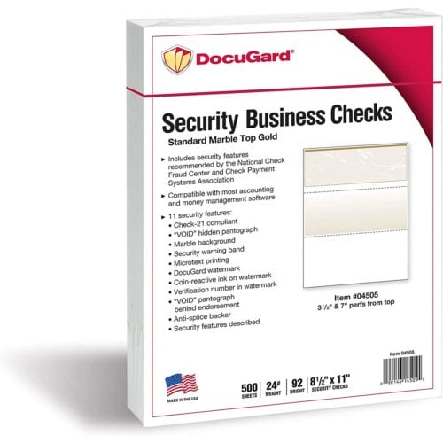 DocuGard Standard Marble Business Checks [11 Features, 8-1/2" x 11", 24# Gold Top, 2500 Sheets/Carton]