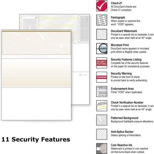 DocuGard Standard Marble Business Checks [11 Features, 8-1/2" x 11", 24# Gold, 2500 Sheets/Carton]