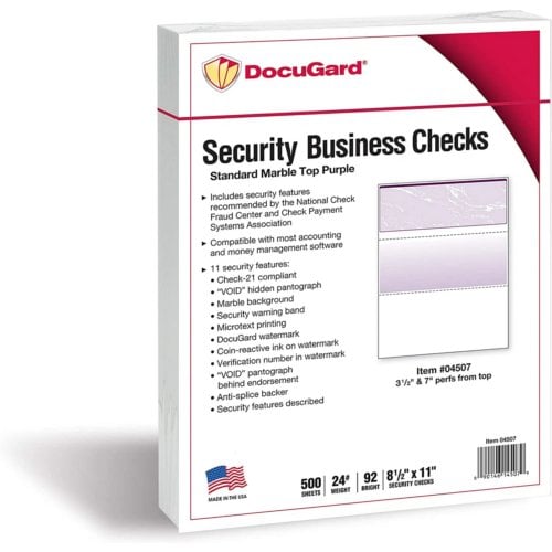 DocuGard Standard Marble Business Checks [11 Features, 8-1/2" x 11", 24# Purple Middle, 2500 Sheets/Carton]