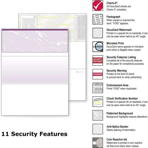 DocuGard Standard Marble Business Checks [11 Features, 8-1/2" x 11", 24# Purple Top, 2500 Sheets/Carton]