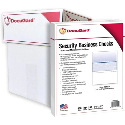 DocuGard Standard Marble Business Checks [11 Features, 8-1/2" x 11", 24# Blue Bottom, 2500 Sheets/Carton]