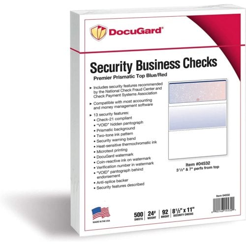 DocuGard Premier Prismatic Business Checks [13 Features, 8-1/2" x 11", 24# Blue/Red Top, 2500 Sheets/Carton]