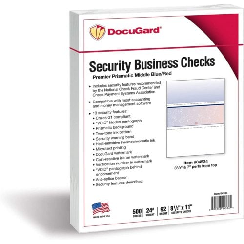 DocuGard Premier Prismatic Business Checks [13 Features, 8-1/2" x 11", 24# Blue/Red Middle, 2500 Sheets/Carton]