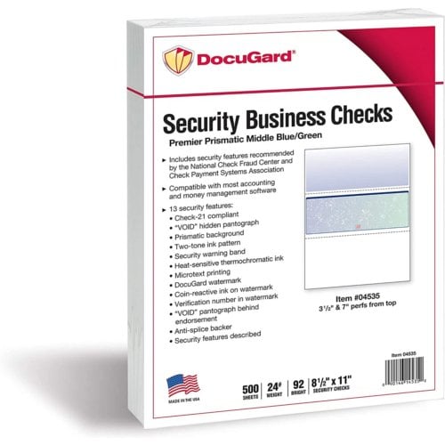 DocuGard Premier Prismatic Business Checks [13 Features, 8-1/2" x 11", 24# Blue/Green, 2500 Sheets/Carton]