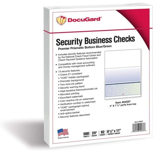 DocuGard Premier Prismatic Business Checks [13 Features, 8-1/2" x 11", 24# Blue/Green Bottom, 2500 Sheets/Carton]