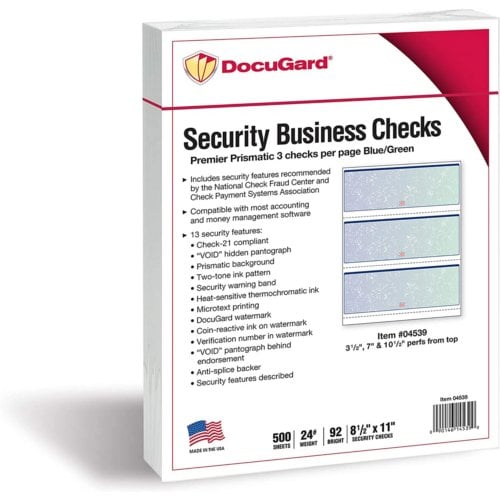 DocuGard Premier Prismatic Business Checks [13 Features, 8-1/2" x 11", 24# Blue/Green, 2500 Sheets/Carton]