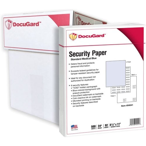 DocuGard Standard Medical Security Papers [6 Features, 8 1/2" x 11", 24# Blue, 2500 Sheets/Carton]