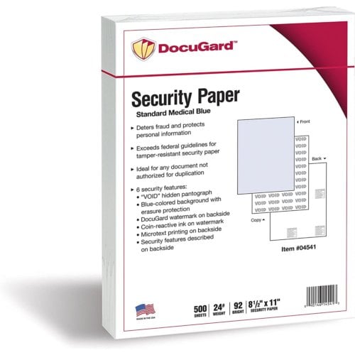 DocuGard Standard Medical Security Papers [6 Features, 8 1/2" x 11", 24# Blue, 2500 Sheets/Carton]