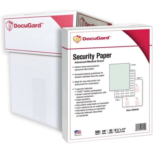 DocuGard Advanced Medical Security Papers [7 Features,8 1/2" x 11", 24# Green, 2500 Sheets/Carton]