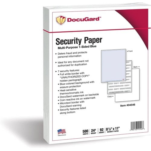 DocuGard Multi-Purpose Security Papers [7 Features, 8 1/2" x 11", 24# Blue, 2500 Sheets/Carton]