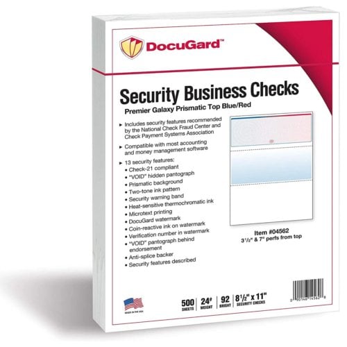 DocuGard Galaxy Prismatic Business Checks [13 Features,8-1/2" x 11", 24# Blue/Red Top, 2500 Sheets/Carton]