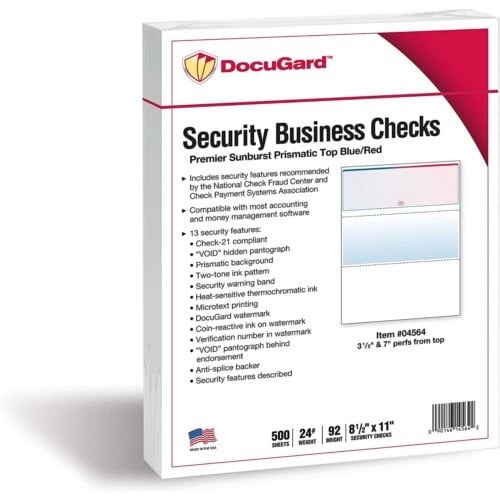 DocuGard Sunburst Prismatic Business Checks [13 Features,8 1/2" x 11", 24# Blue/Red Top, 2500 Sheets/Carton]