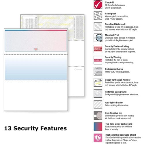 DocuGard Sunburst Prismatic Business Checks [13 Features,8 1/2" x 11", 24# Blue/Red Top, 2500 Sheets/Carton]