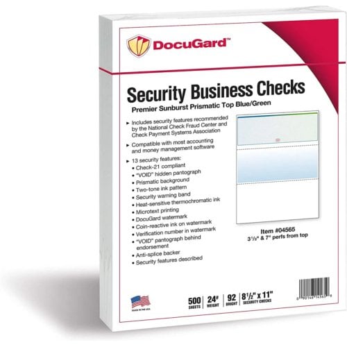 DocuGard Sunburst Prismatic Business Checks [13 Features,8 1/2" x 11", 24# Blue/Green Top, 2500 Sheets/Carton]