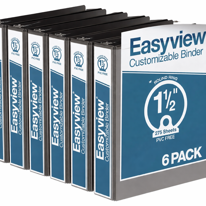 Easyview 1.5" Black Premium Customizable Round Ring View Binder - 6pk