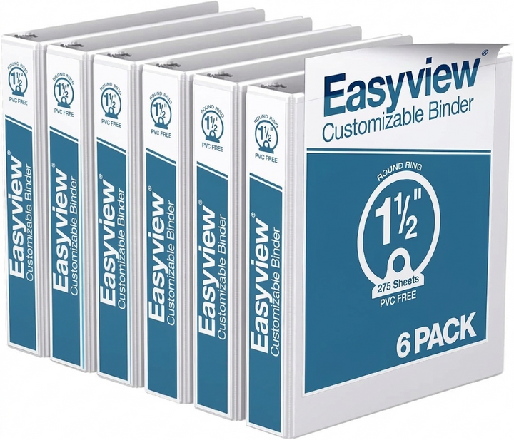Easyview 1.5" White Premium Round Ring View Binder - 6pk