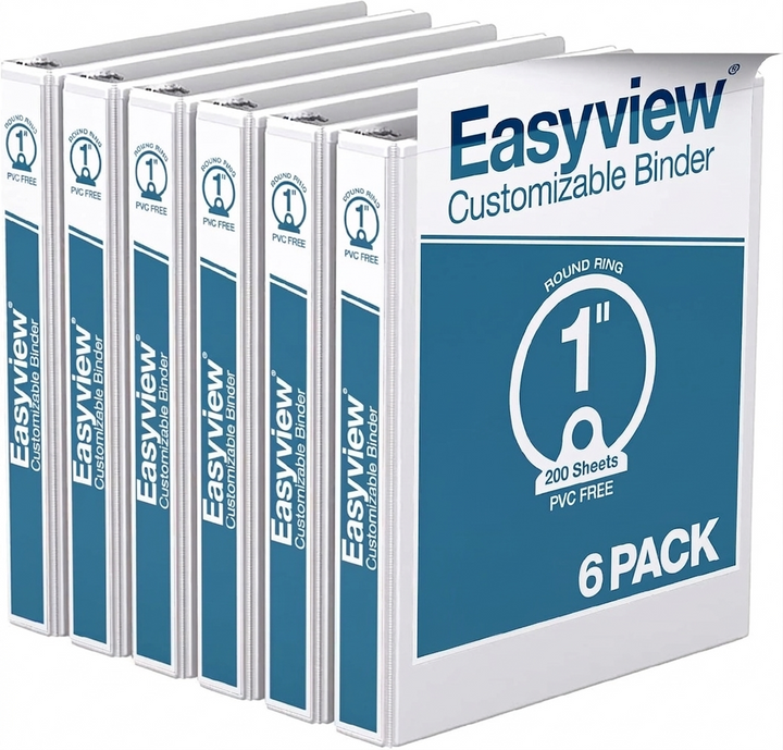 Easyview 1" White Premium Round Ring View Binder - 6pk