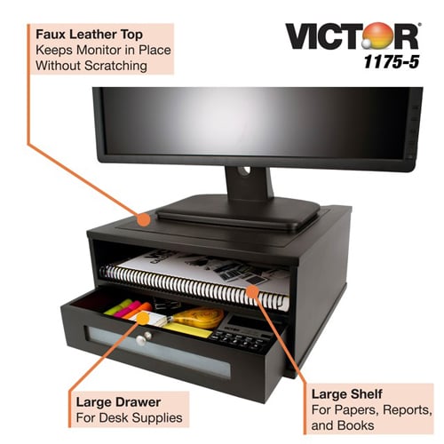 Victor Monitor Riser with Shelf and Drawer (Midnight Black) - 1175-5