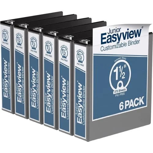 Easyview 1 1/2" Black Half Size Round Ring View Binders - 6pk