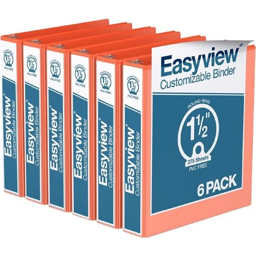Easyview 1.5" Orange Premium Customizable Round Ring View Binder - 6pk