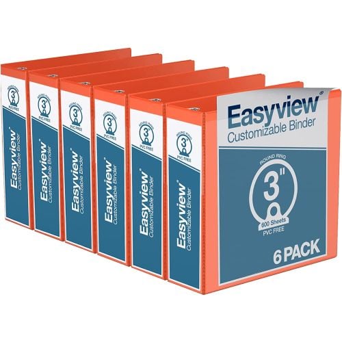 Easyview 3" Orange Premium Customizable Round Ring View Binder - 6pk