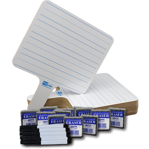 Two-Sided Rectangular Dry Erase Writing Paddle with Black Pen and Eraser - Set of 12 Each