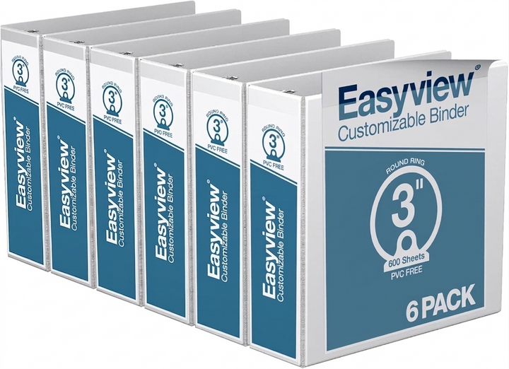 Easyview 3" White Premium Round Ring View Binder - 6pk