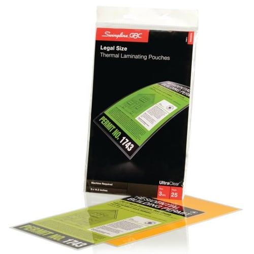 GBC Swingline 3mil UltraClear Legal Size Thermal Laminating Pouches 25pk - 3200578