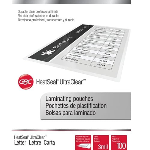 GBC Swingline 3mil UltraClear Letter Size Thermal Laminating Pouches 100pk - 3745022B