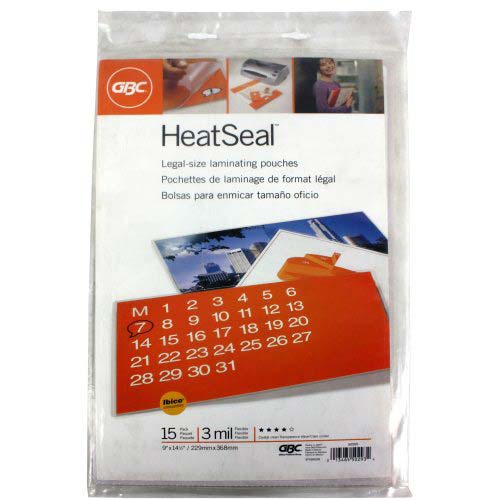 3mil GBC HeatSeal Clear Legal Size Laminating Pouches 15pk