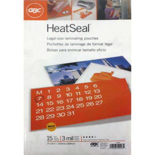 3mil GBC HeatSeal Clear Legal Size Laminating Pouches 15pk