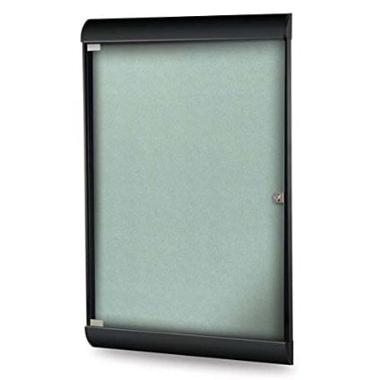 Silhouette 42 1/8" x 27 3/4" 1-Door Stone Vinyl Fabric Tackboard w/ Black Frame