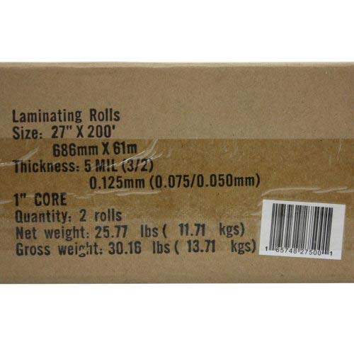 27" x 200' 5mil Standard Roll Laminating Film (Gloss, 1" Core) - 2 Rolls