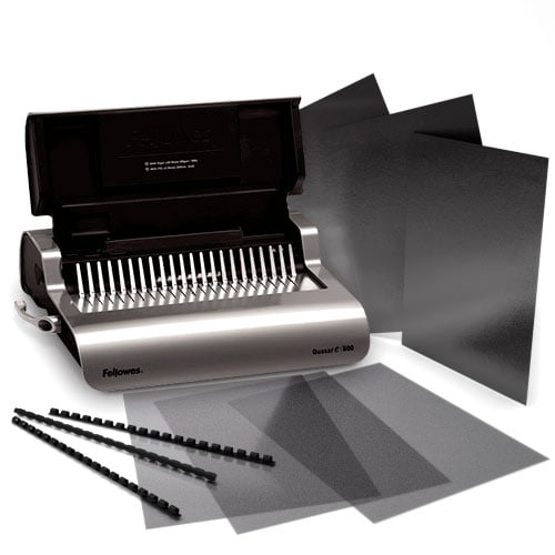 Fellowes Quasar Electric Plastic Comb Binding Starter Kit with Supplies and Covers