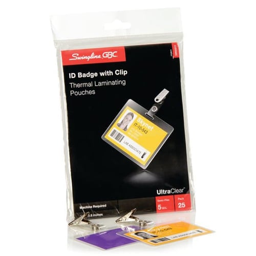 GBC Swingline 5mil UltraClear Badge ID Card Size Thermal Laminating Pouches w/ Clip 25pk - 3202011B - Clearance Sale