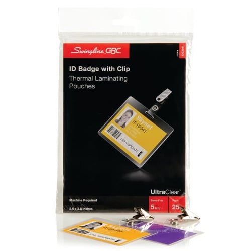 GBC Swingline 5mil UltraClear Badge ID Card Size Thermal Laminating Pouches w/ Clip 25pk - 3202011B - Clearance Sale