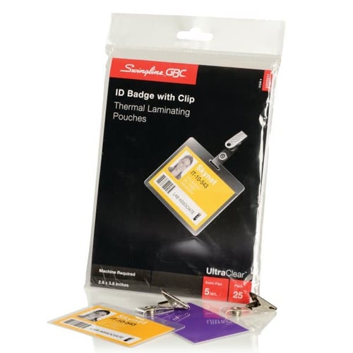 GBC Swingline 5mil UltraClear Badge ID Card Size Thermal Laminating Pouches w/ Clip 25pk - 3202011B - Clearance Sale